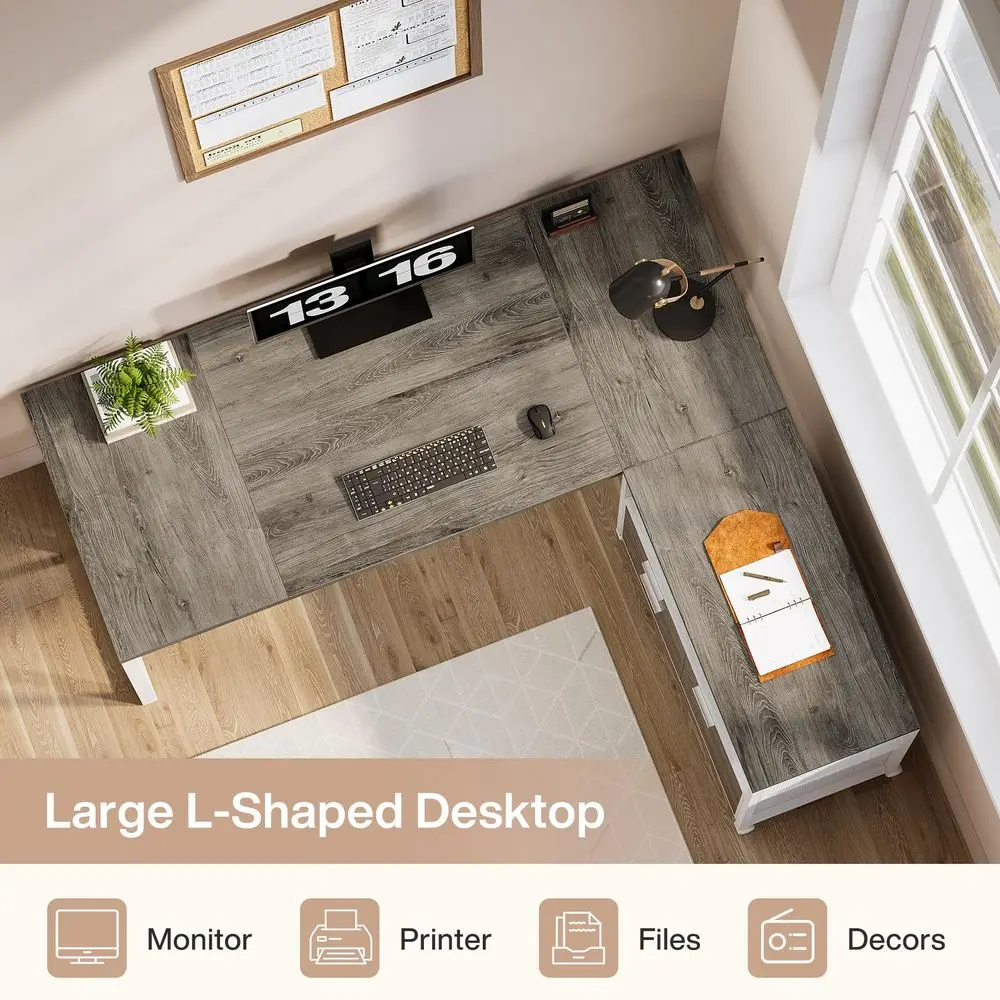 LShaped Desk with Drawers, 63  - Office Furniture And Desks avaliação e preço